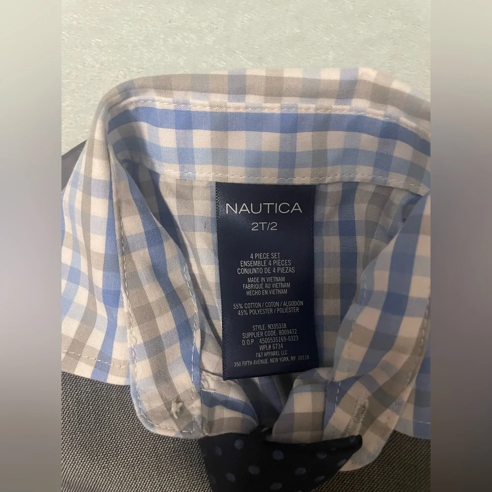 Nautica Kids Gray Vest Set with Blue Plaid Shirt and Navy Tie